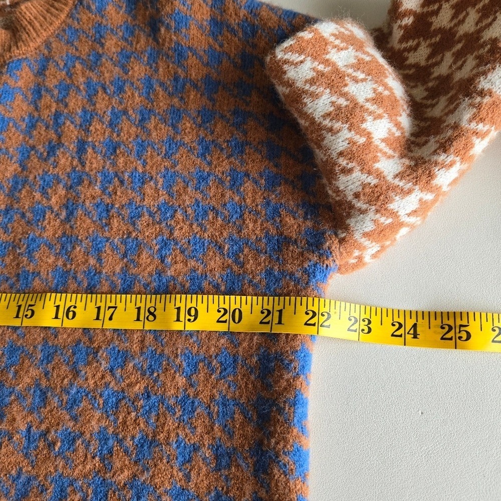 Brown & Blue Mixed Houndstooth Knit Cardigan Size L Cozy Soft Preppy Retro Fall - Picture 8 of 9